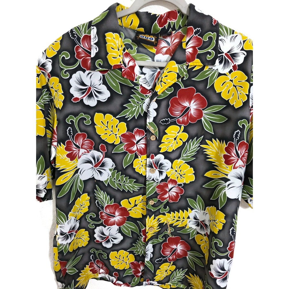 ODO Mens Hawaiian Shirt XL Black Red Yellow Hibiscus Tropical Floral Camp Button